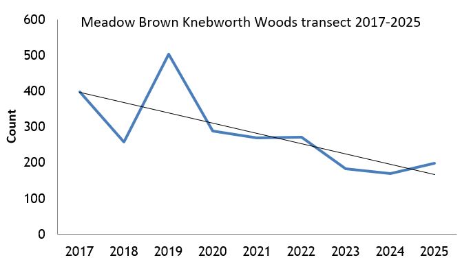 Meadow Brown Knebworth Woods transect abundance chart